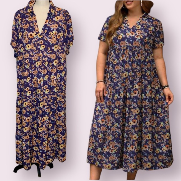 Emery Rose Floral Maxi Dress Short Sleeves Purple Yellow Blue Size 3XL - Picture 1 of 12